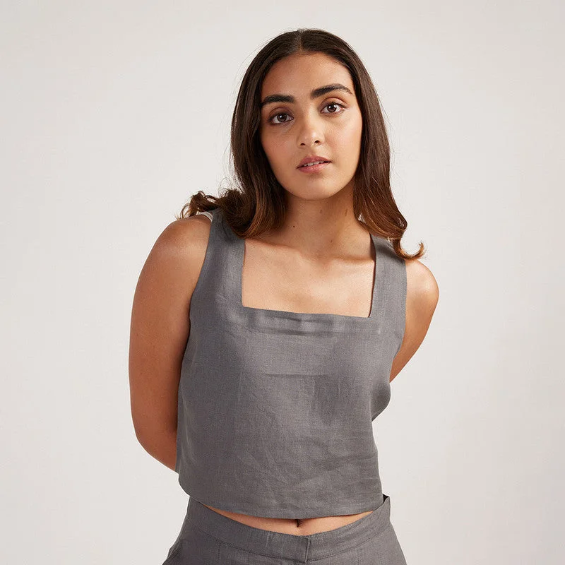 Linen Crop Top | Back-Tie | Slate Grey