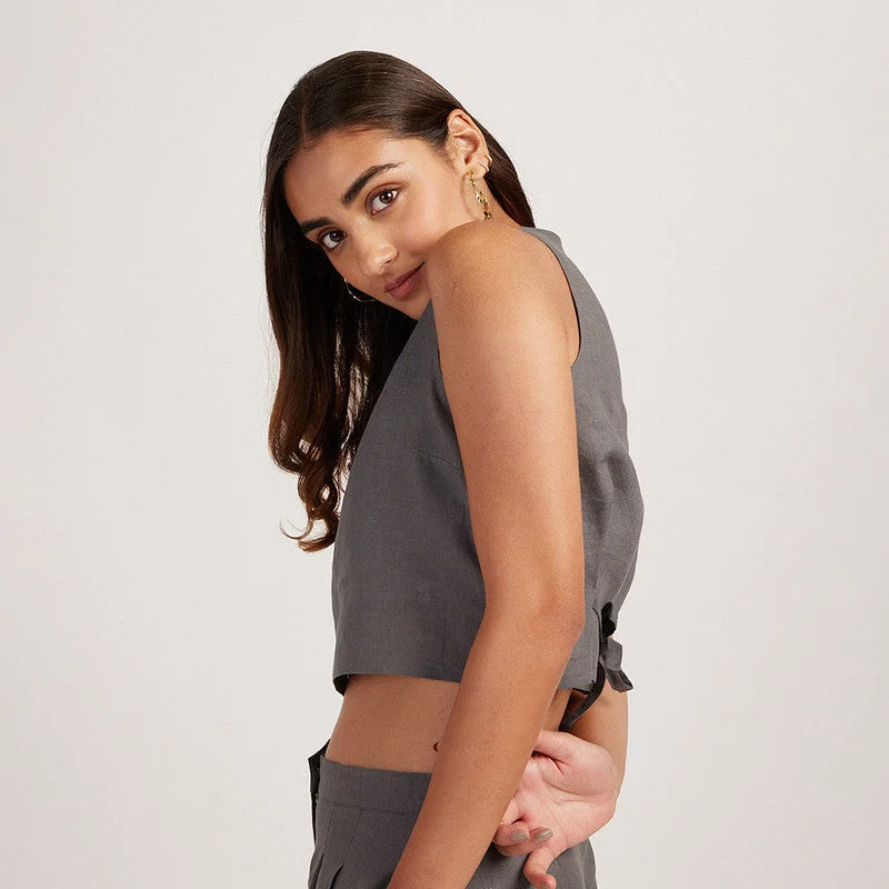 Linen Crop Top | Back-Tie | Slate Grey