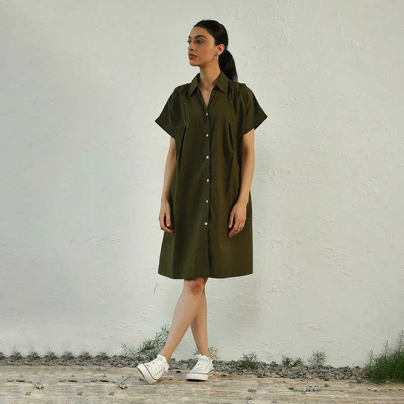 Cotton Poplin Shirt Dress for Women | Relax Fit | Green