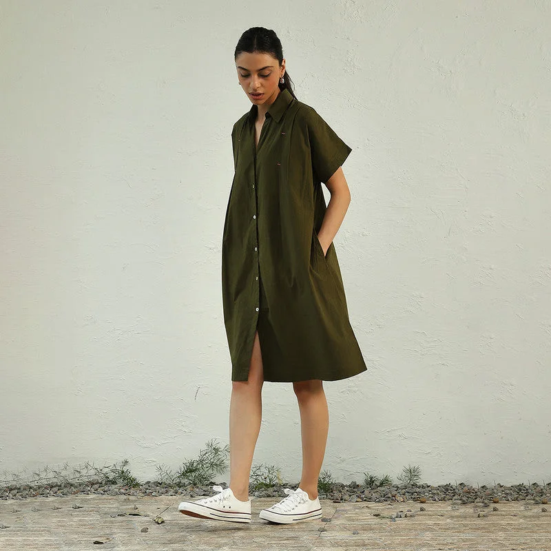 Cotton Poplin Shirt Dress for Women | Relax Fit | Green