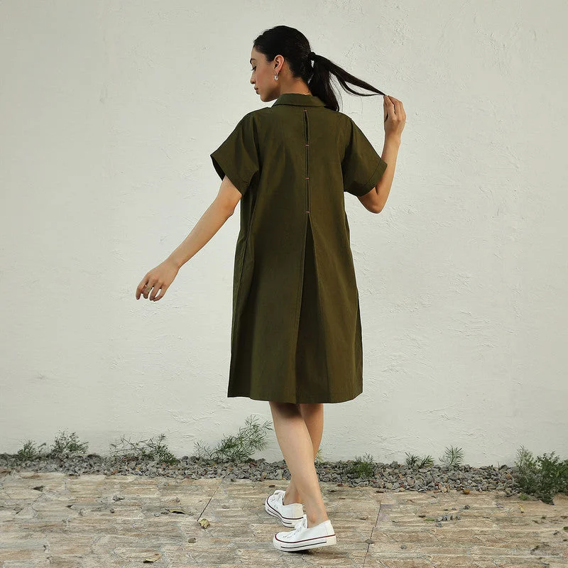 Cotton Poplin Shirt Dress for Women | Relax Fit | Green