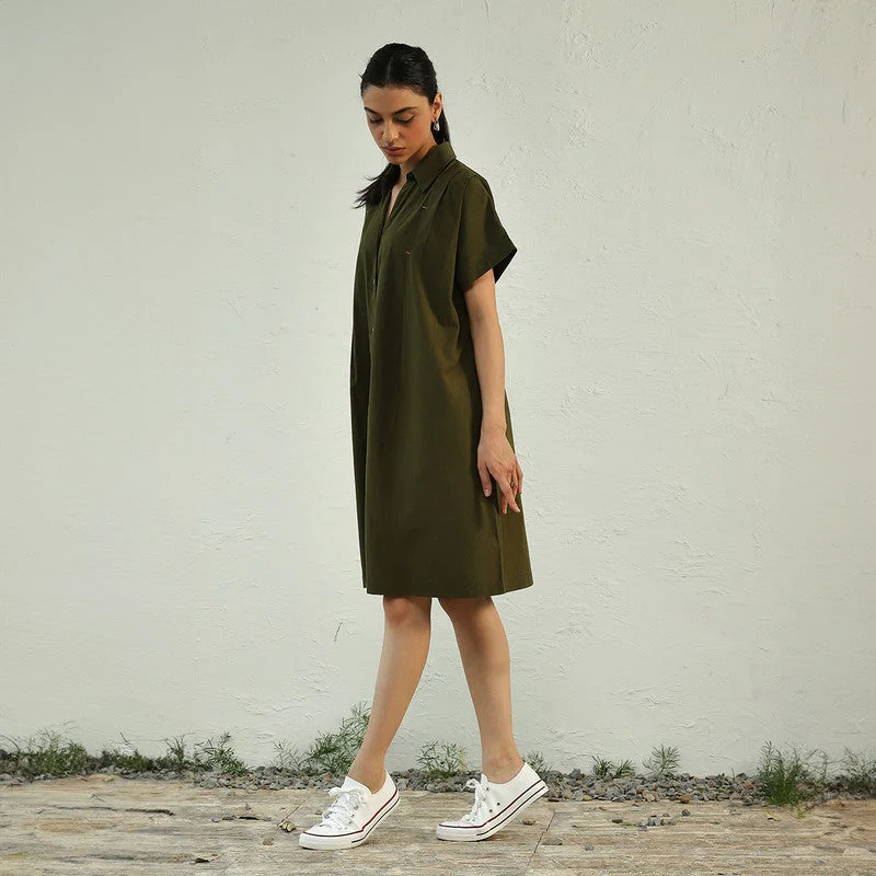 Cotton Poplin Shirt Dress for Women | Relax Fit | Green