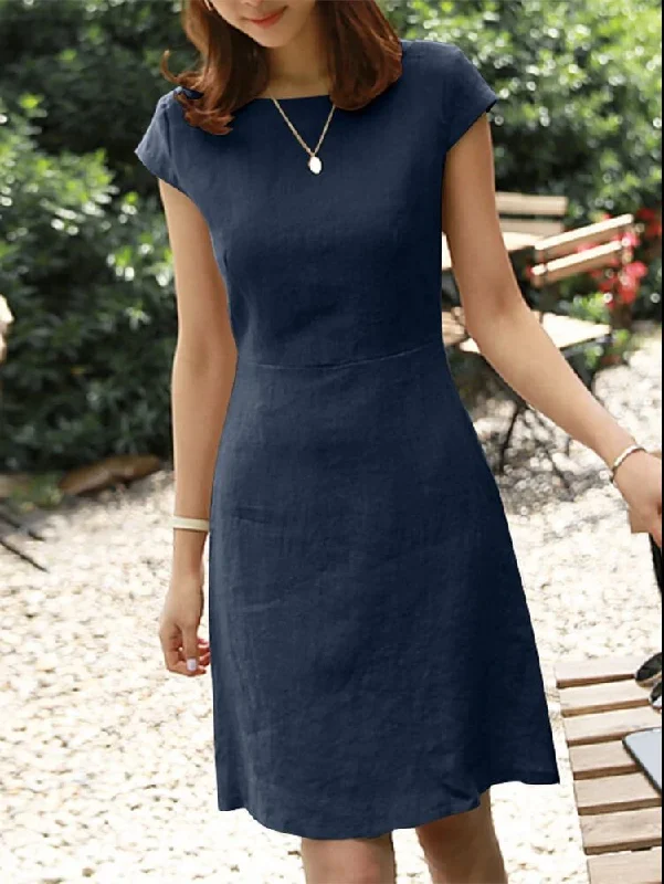 Hollow Round Neck Solid Color Sleeve Cotton And Dresses