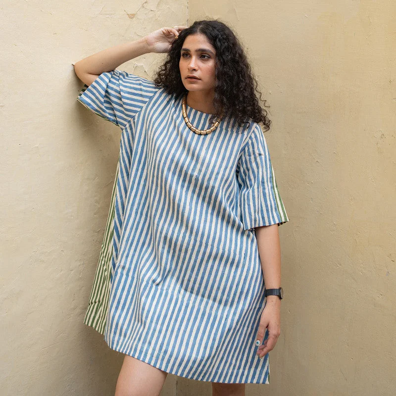 Kala Cotton Boxy Dress For Women | Block Printed | Blue & Green