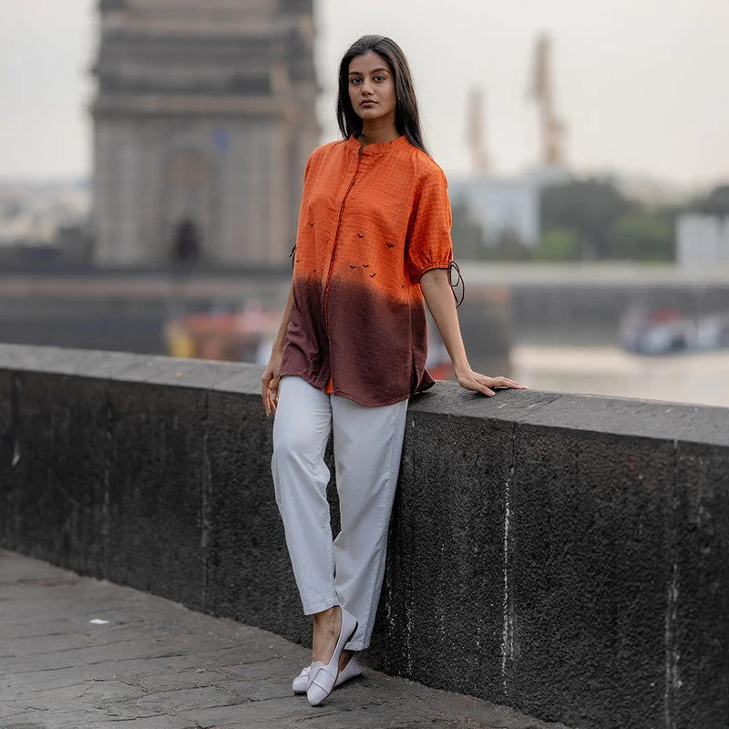 Cotton Ombre Shirt for Women | Orange | Hand Embroidered