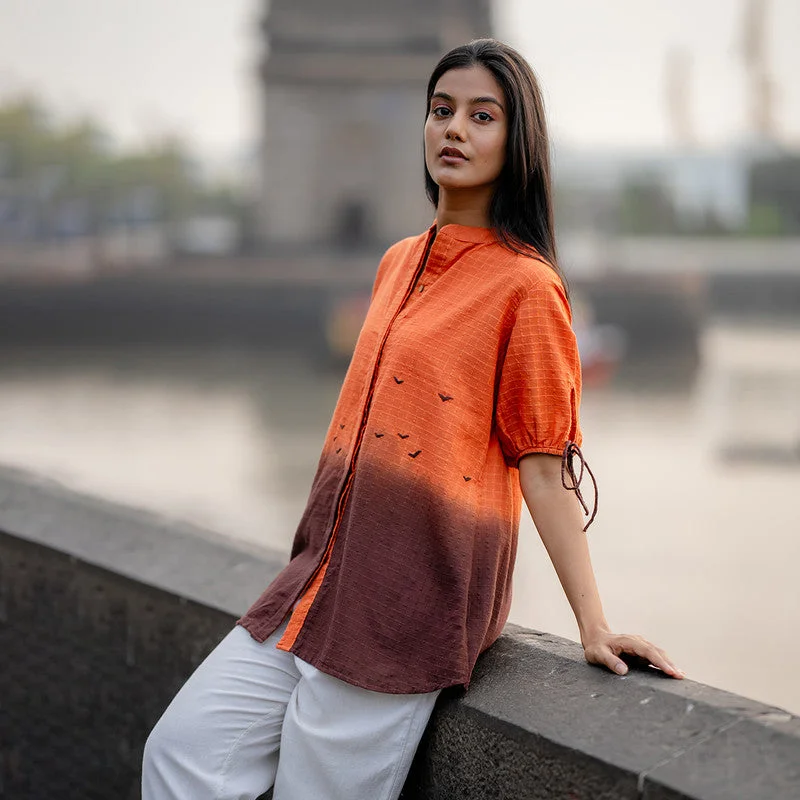 Cotton Ombre Shirt for Women | Orange | Hand Embroidered