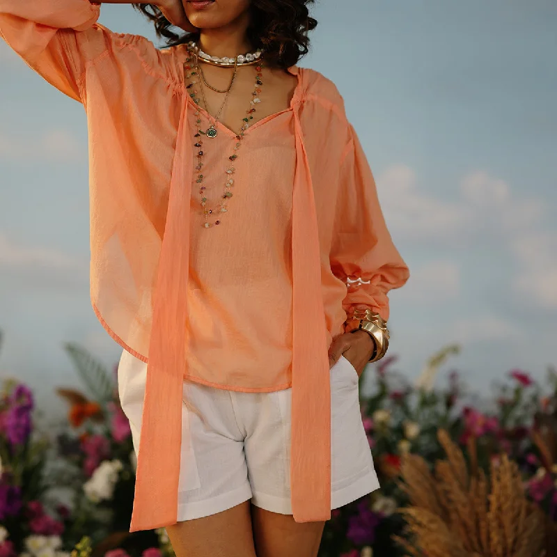 Cotton Silk Gathered Top For Women | Full Sleeves | Peach