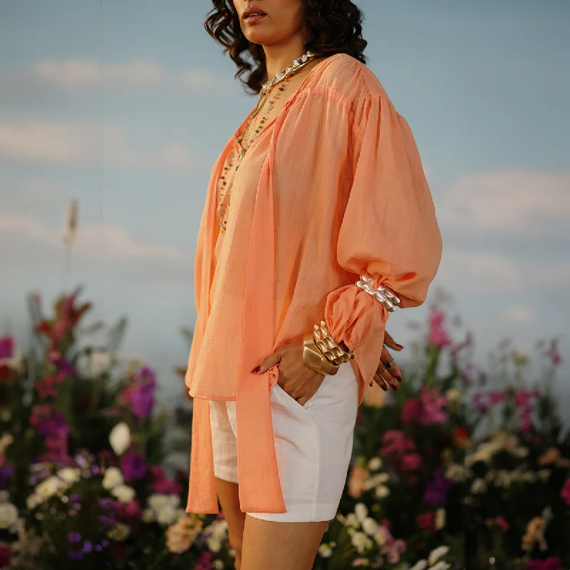 Cotton Silk Gathered Top For Women | Full Sleeves | Peach