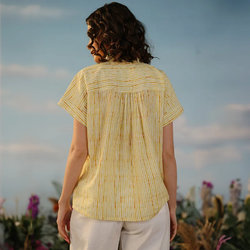 Muslin Striped Top For Women | V Neck | Yellow