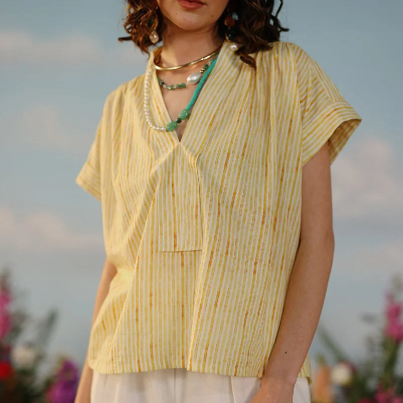 Muslin Striped Top For Women | V Neck | Yellow