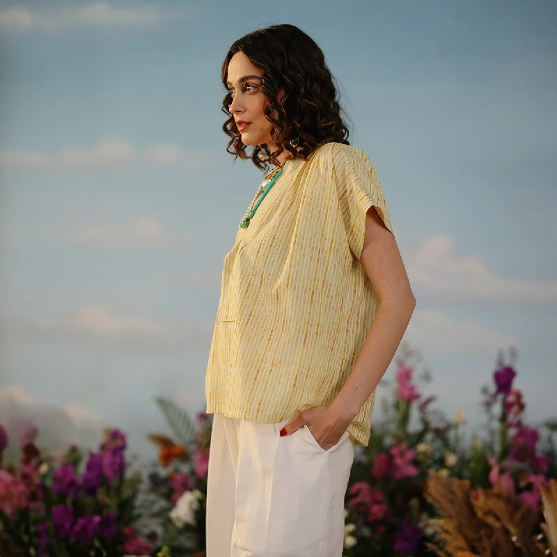 Muslin Striped Top For Women | V Neck | Yellow