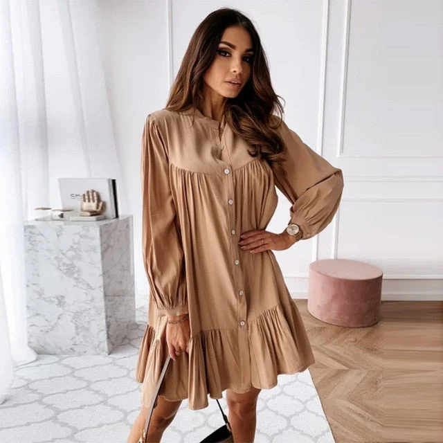 Amy Fashion - Long Sleeve Stand Collar Solid Elegant Dress