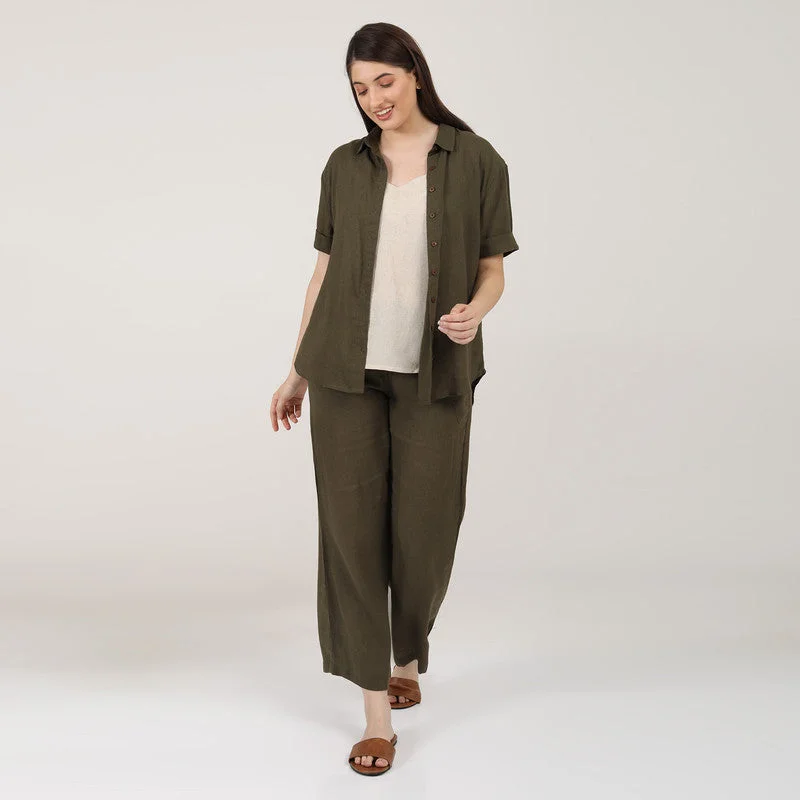 Linen Co Ord Set for Women | Green & Beige | Set of 3