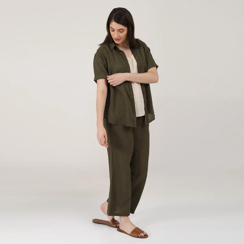 Linen Co Ord Set for Women | Green & Beige | Set of 3