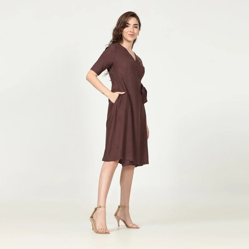 Linen Knee Length Dress | Wrap Style | Coffee Brown