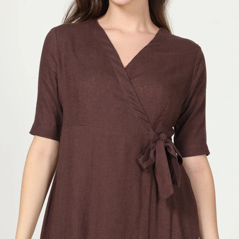 Linen Knee Length Dress | Wrap Style | Coffee Brown