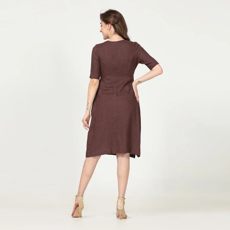 Linen Knee Length Dress | Wrap Style | Coffee Brown