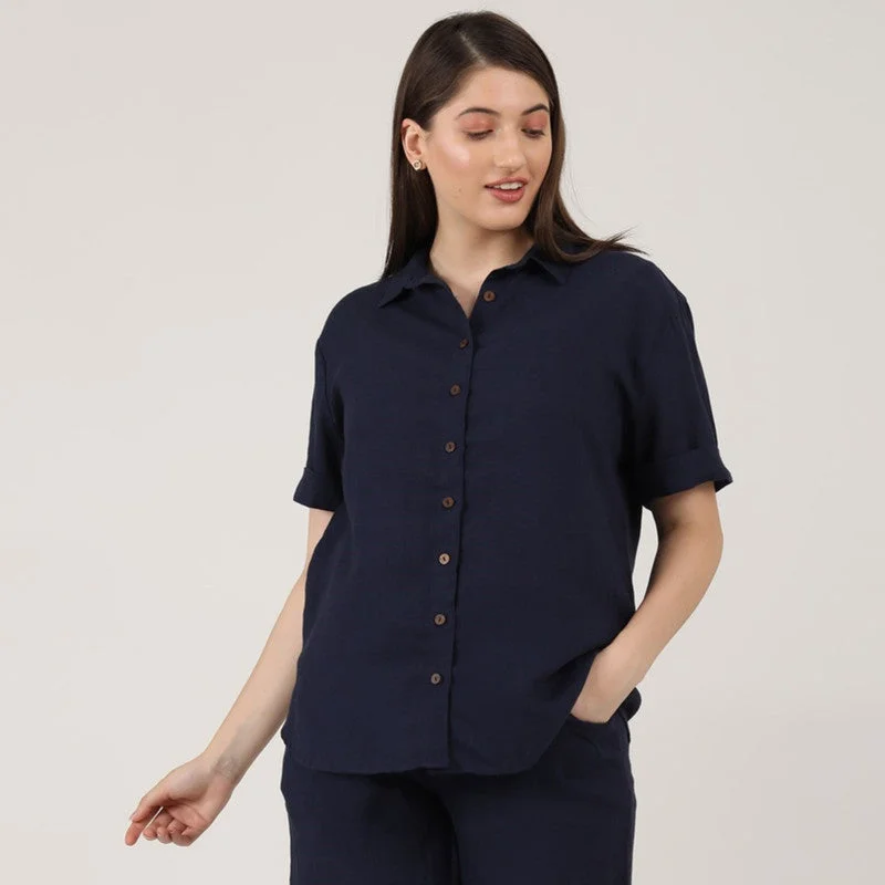 Linen Navy Blue Shirts for Women | Short Sleeves