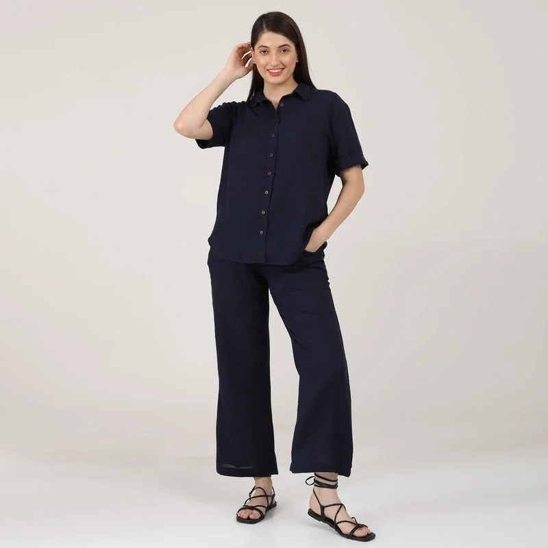 Linen Navy Blue Shirts for Women | Short Sleeves