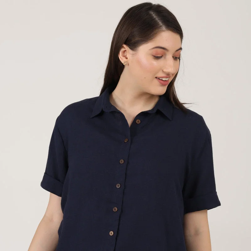 Linen Navy Blue Shirts for Women | Short Sleeves