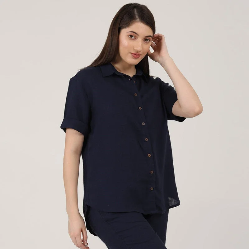 Linen Navy Blue Shirts for Women | Short Sleeves