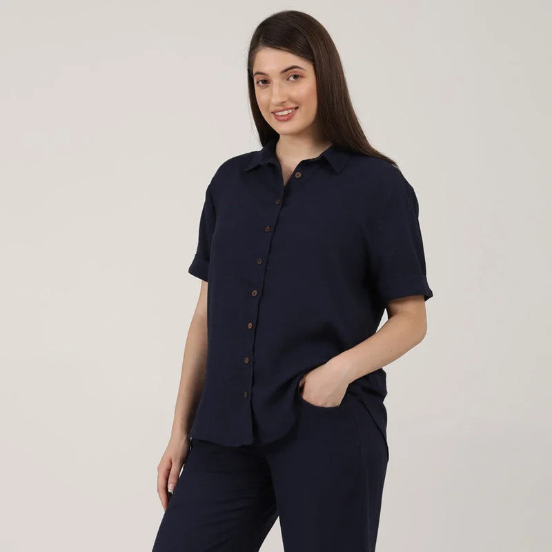 Linen Navy Blue Shirts for Women | Short Sleeves