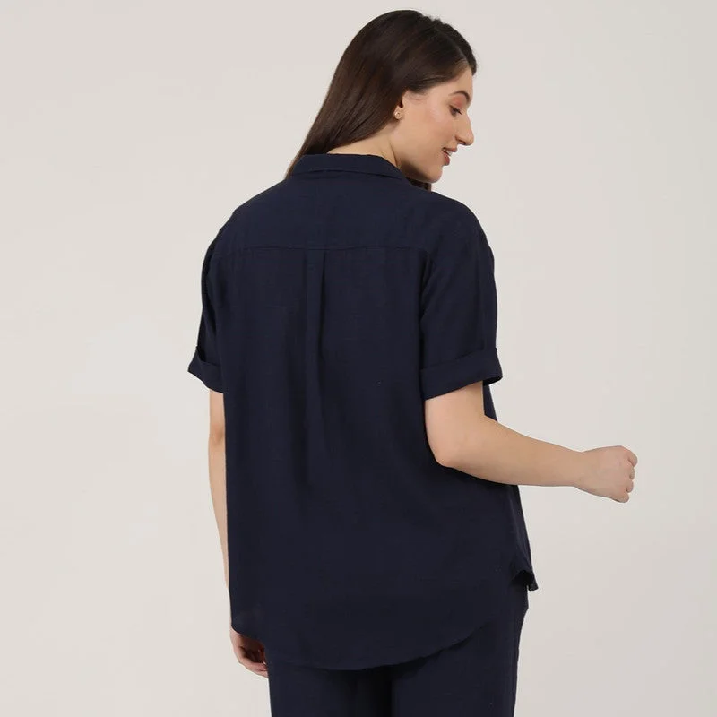 Linen Navy Blue Shirts for Women | Short Sleeves