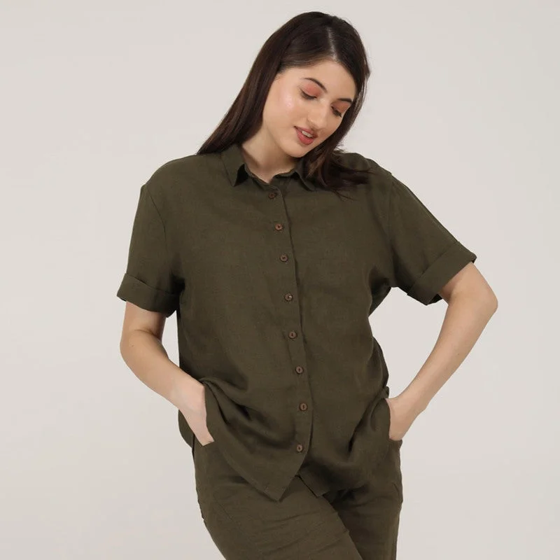 Linen Shirts for Women | Olive | Short Sleeves