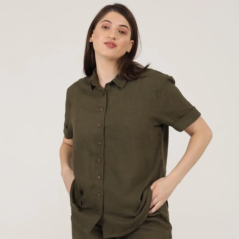 Linen Shirts for Women | Olive | Short Sleeves