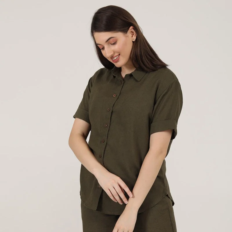 Linen Shirts for Women | Olive | Short Sleeves