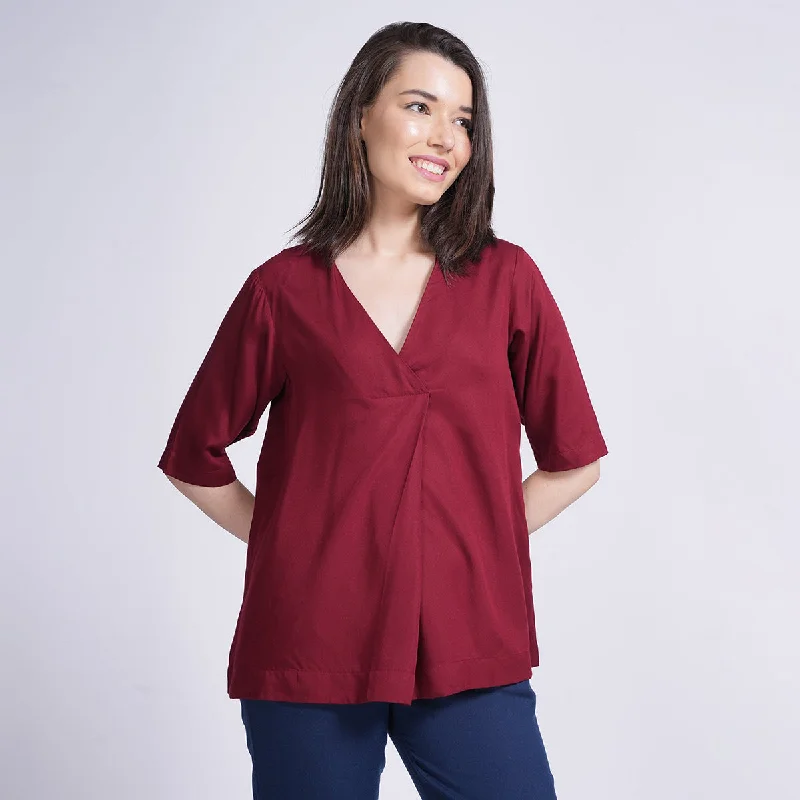 Modal Maroon Top for Women | Front Pleated | V Neck