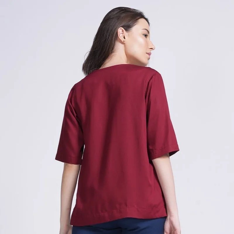 Modal Maroon Top for Women | Front Pleated | V Neck