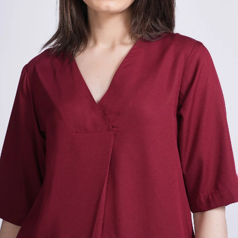 Modal Maroon Top for Women | Front Pleated | V Neck