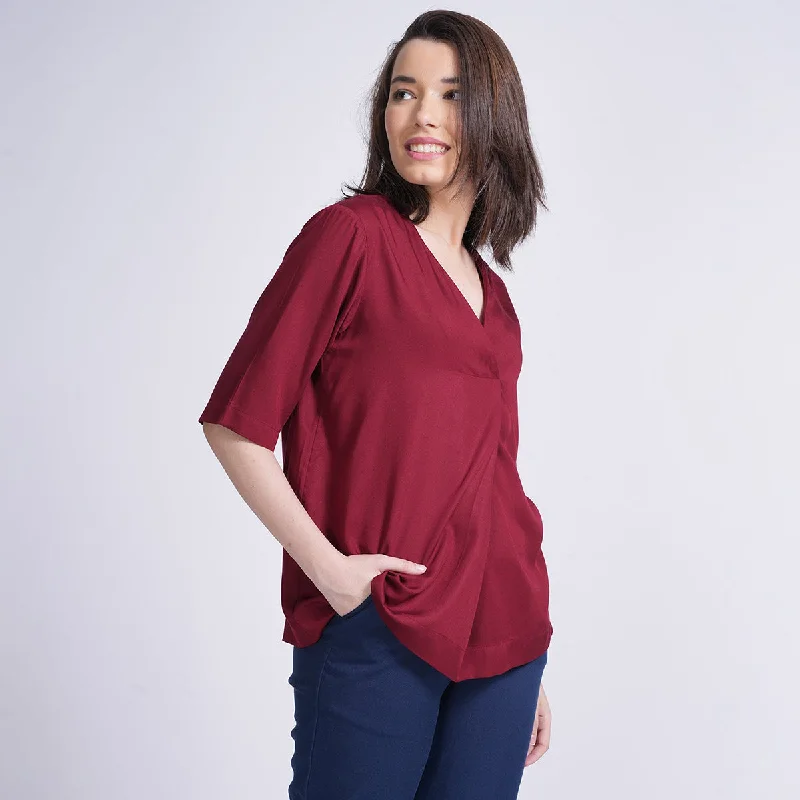 Modal Maroon Top for Women | Front Pleated | V Neck