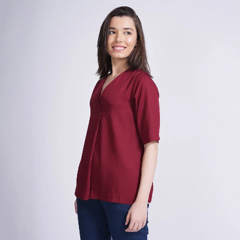 Modal Maroon Top for Women | Front Pleated | V Neck