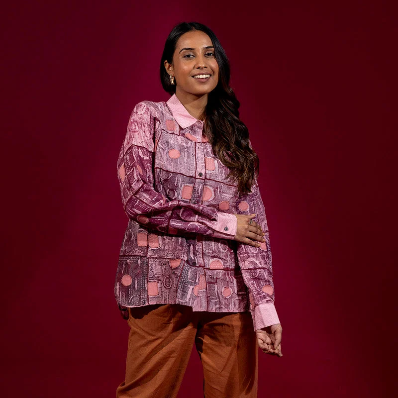 Handblock Printed Pink Shirt for Women | Recycled Silk |