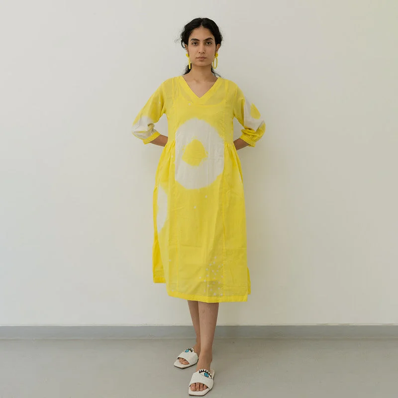 Mulmul Cotton Flared Dress | Bandhani Print | Lemon