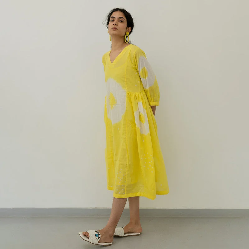 Mulmul Cotton Flared Dress | Bandhani Print | Lemon