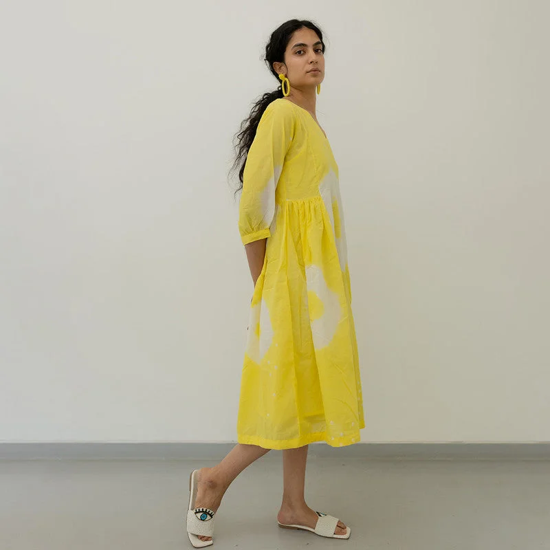 Mulmul Cotton Flared Dress | Bandhani Print | Lemon