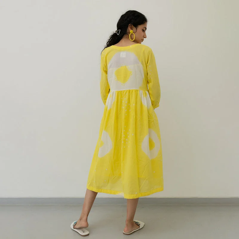 Mulmul Cotton Flared Dress | Bandhani Print | Lemon