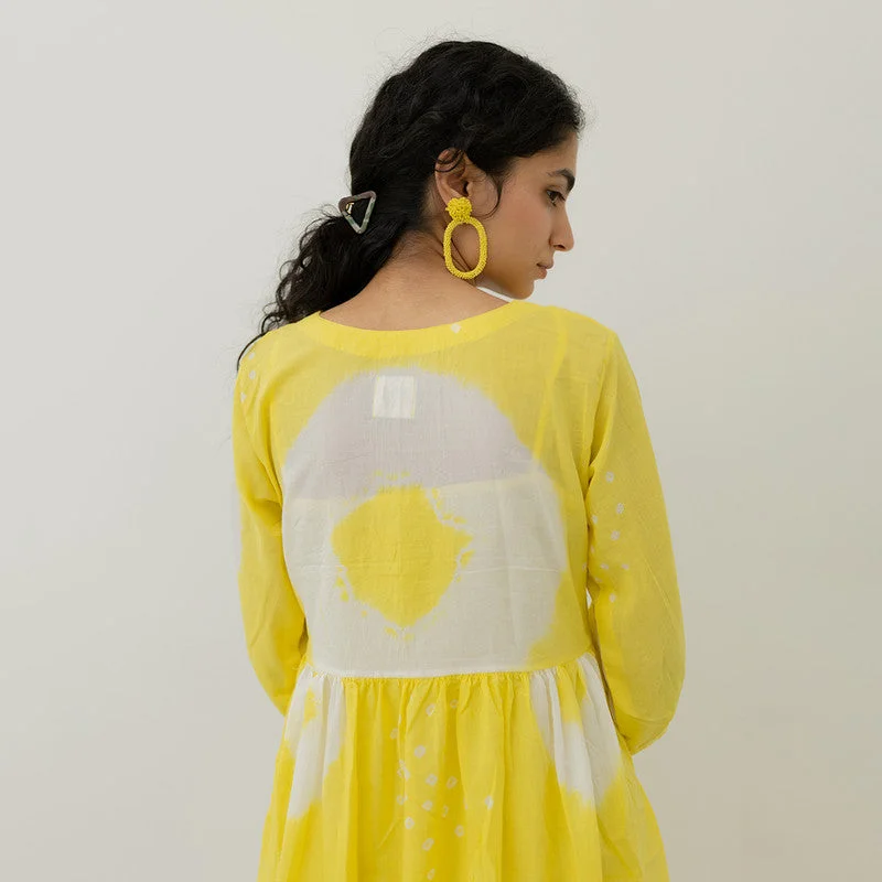 Mulmul Cotton Flared Dress | Bandhani Print | Lemon