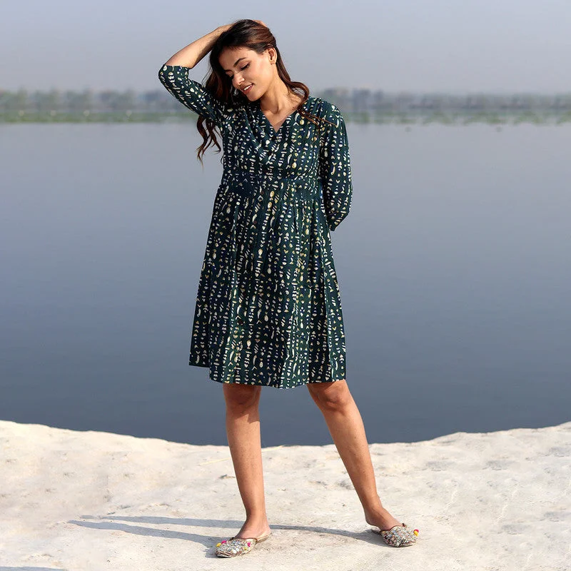 Cotton Short Dress for Women | Handblock Printed | Dark Blue