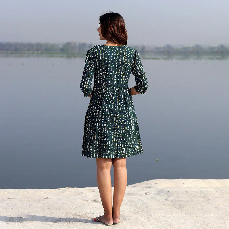 Cotton Short Dress for Women | Handblock Printed | Dark Blue