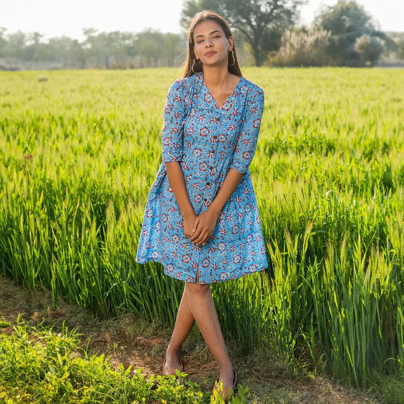 Cotton Short Dress for Women | Handblock Printed | Sky Blue