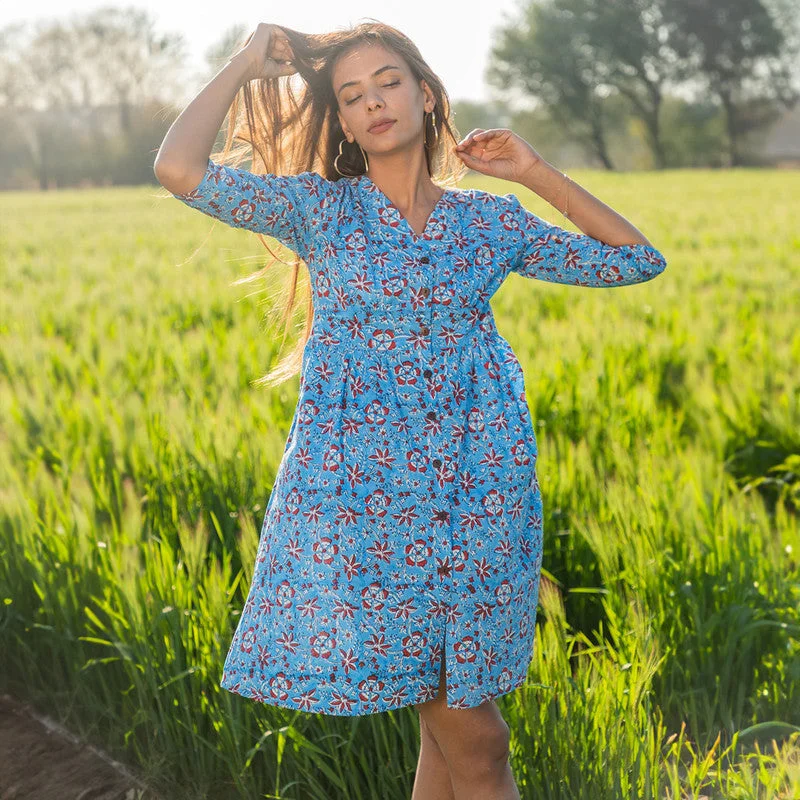 Cotton Short Dress for Women | Handblock Printed | Sky Blue