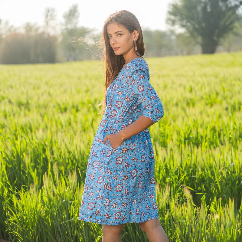 Cotton Short Dress for Women | Handblock Printed | Sky Blue