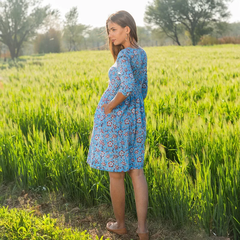 Cotton Short Dress for Women | Handblock Printed | Sky Blue