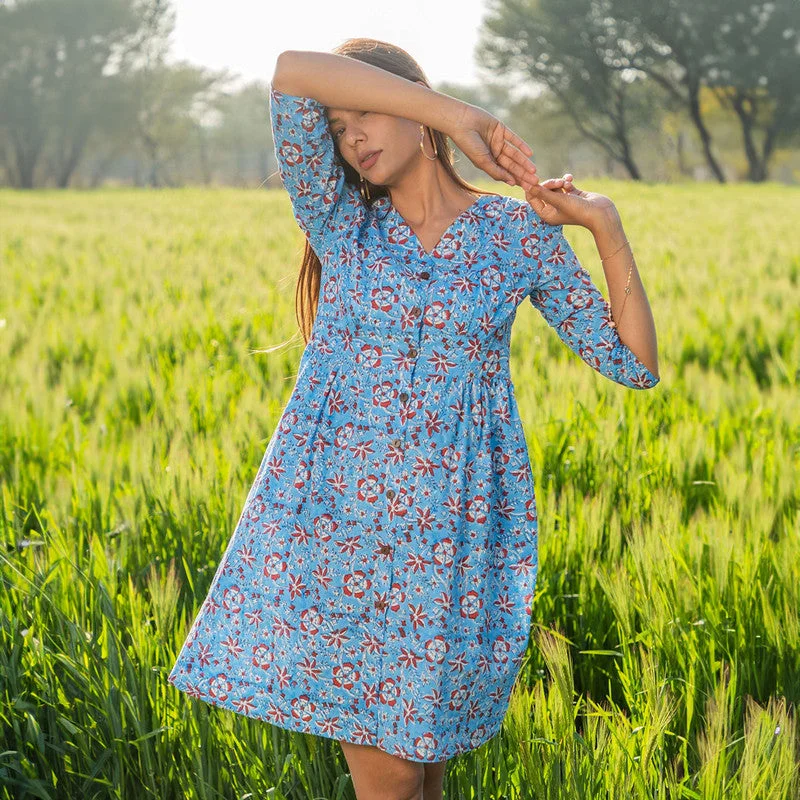 Cotton Short Dress for Women | Handblock Printed | Sky Blue