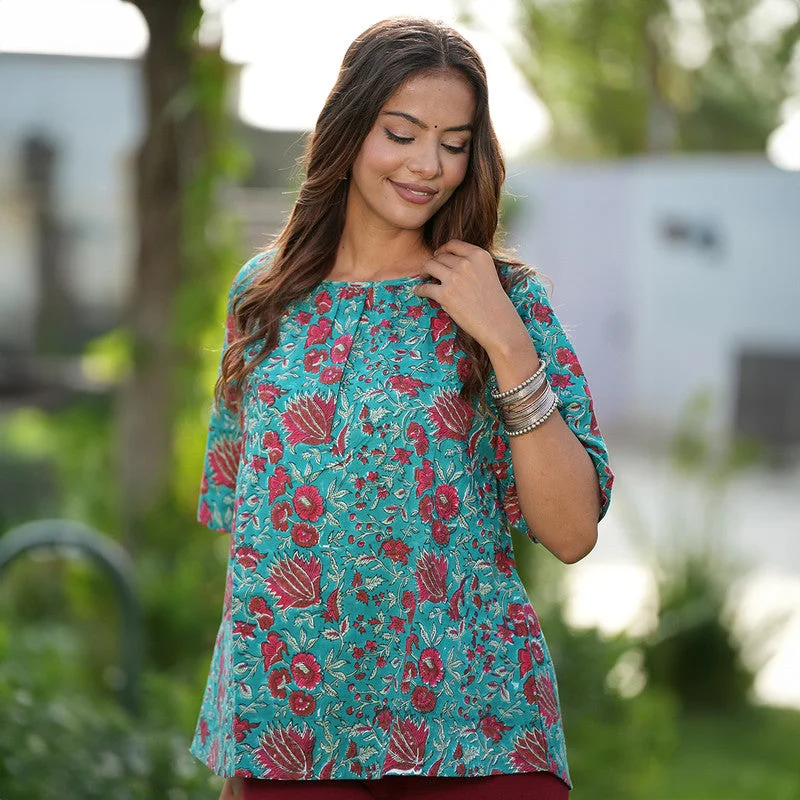 Handblock Printed Cotton Top | Teal & Wine