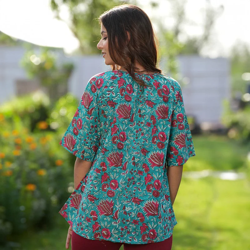 Handblock Printed Cotton Top | Teal & Wine